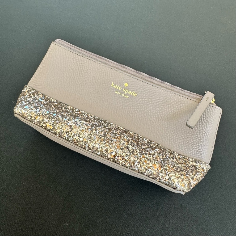 Kate Spade Taupe and Gold Glitter Cosmetic Bag